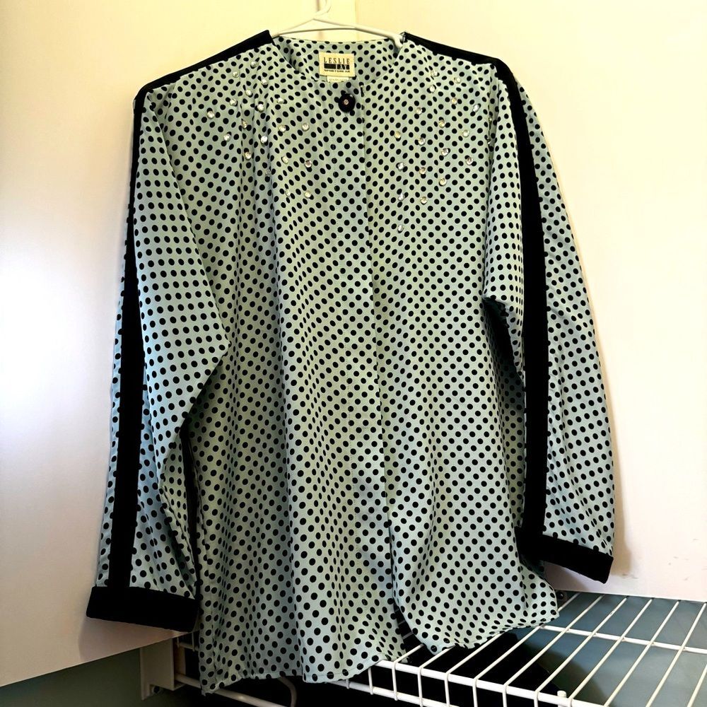 Vintage Leslie Fay Aqua Black Polka Dot Rhinestone Blouse Retro 80s 8